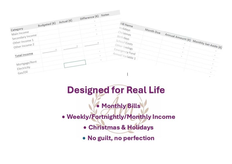 Op de afbeelding: Een wit spreadsheet met financi&euml;le categorie&euml;n en velden voor inkomsten, uitgaven en notities. De tekst "Designed for Real Life" is in paars, met opsommingstekens voor maandelijkse rekeningen, inkomsten, vakanties en geen schuldgevoel.