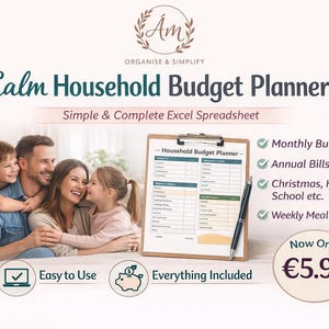 Huishoudbudgetplanner Excel | Budgetspreadsheet voor maandelijkse rekeningen, gezin en sparen afbeelding 1