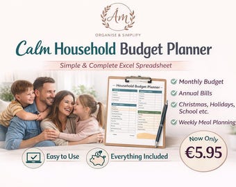 Huishoudbudgetplanner Excel | Budgetspreadsheet voor maandelijkse rekeningen, gezin en sparen