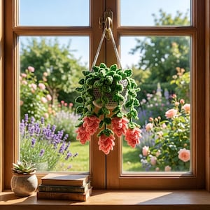 May include: A crocheted hanging planter with green leaves and pink flowers. The planter is suspended in front of a window with a view of a garden. A small succulent in a pot and a stack of books sit on the windowsill.