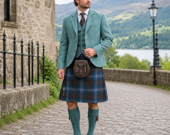 11 Piece Lovat Green Tweed Kilt Outfit for Men | Scottish Jacket Vest Shirt Tartan Kilt Sporran Brogues Highland Wedding Set