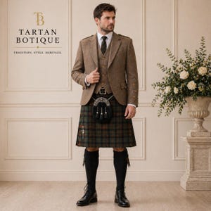 May include: A man in a brown tweed jacket, waistcoat, and a green and brown tartan kilt. The outfit is completed with a black sporran, black socks, and black dress shoes. The image includes the text "Tartan Botique: Tradition. Style. Heritage."