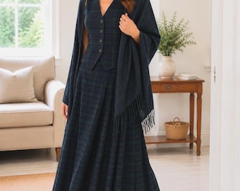 Falda escocesa maxi con estampado de tartán, chaleco y chal a juego, conjunto escocés de tres piezas, vestido de las Tierras Altas, atuendo para bodas celtas, más de 50 tartanes.