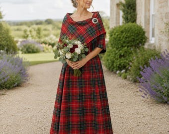 Completo da damigella d'onore in tartan scozzese / Sciarpa, gonna lunga e spilla celtica / Abito da sposa delle Highlands / Oltre 50 tartan di clan