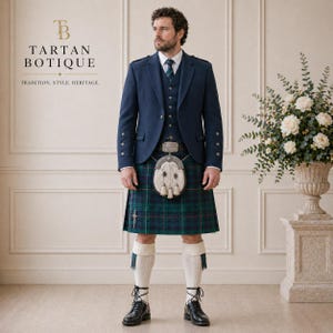Conjunto de 11 piezas de kilt con rombos azul marino para hombre: traje tradicional de las Tierras Altas