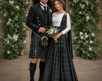 Conjunto de traje de casamento escocês, conjunto combinando para noivo e anfitriã, conjunto de kilt Príncipe Charlie, traje de casamento das Terras Altas, presente de casamento escocês