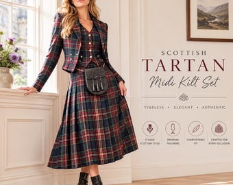 Tartan-Midi-Kilt-Set für Damen | Schottisches Karojacken- und Westen-Outfit | Plissierter Midi-Rock mit Sporran | Kilt-Anzug im schottischen Hochlandstil