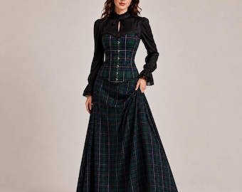 Conjunto de saia kilt midi xadrez, colete e xale combinando, traje escocês de três peças, traje das Terras Altas, roupa de casamento celta, mais de 50 tartãs de clãs