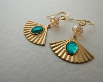 Gold Triangle Earrings .. gold fan earrings, emerald green earrings, geometric earrings, art deco earrings
