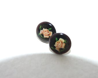 Black and Pink Rose Earrings. Black earrings, floral earrings, flower studs