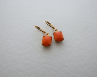 Orange Glass Earrings . Rectangle earrings, orange drop earring
