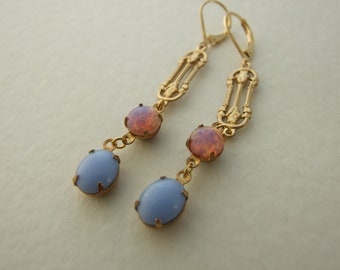 Fire Opal and Pastel Blue Earrings ..  dangle vintage glass earrings