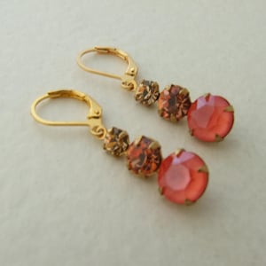 Vintage Style Pink and Orange Dangle Earrings in Raw Brass Settings