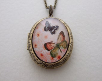 Butterflies Fluttering Amidst Flowers Victorian Style Locket Artistic Art Nouveau Locket