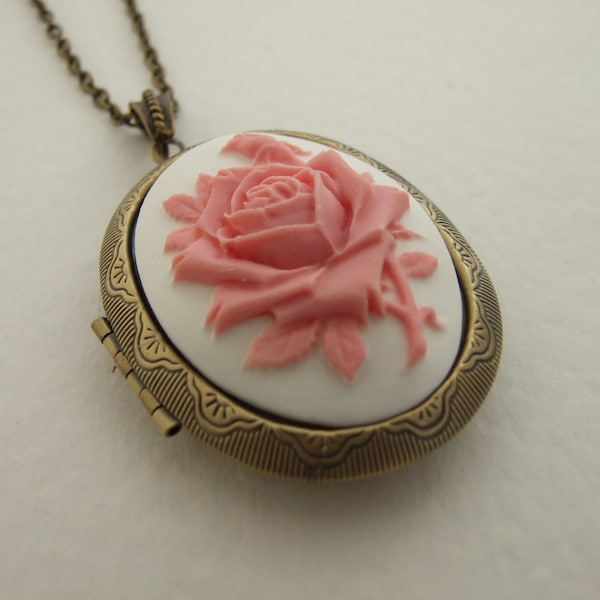 Floral Locket, Victorian Style Locket, Pink Rose Flower Locket, Cameo Locket