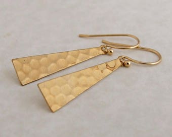 Brass Hammered Triangle Earrings .. geometric earrings