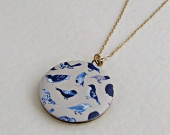 Blue Bird Locket .. round locket, bird necklace