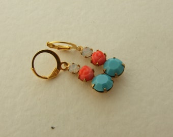 Coral Blue and White Glass Stones Dangle Earrings in Raw Brass Settings