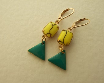 Yellow and Green Earrings, Stylish earrings, triangle earrings