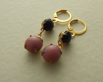 Pink and Navy Blue Dangle Earrings with Gold Plated Ear Wires