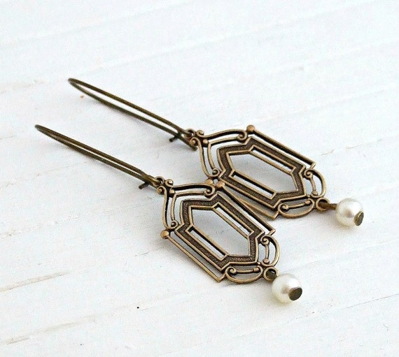 Art Deco Earrings .. deco earrings, vintage style earrings, pearl earrings, long earrings