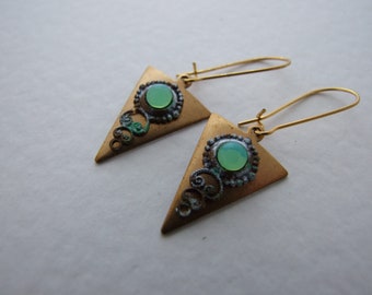 Brass Art Deco Drop Earrings with Unique Design