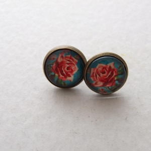 Red Rose earrings red flower earrings, rose post earrings, red flower studs, small round studs