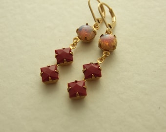 Deep Red and Fire Opal Dangle Earrings with Gold Plated Ear Wires