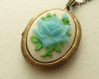 Rose Cameo Locket Necklace .. flower locket, large locket, Victorian style,