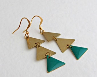 Brass Triangle Earrings .. geometric earrings, green earrings