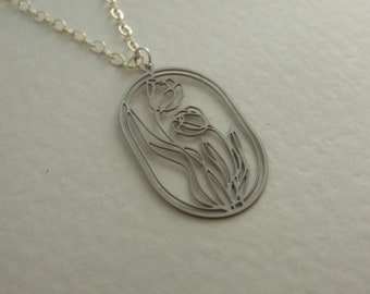 Silver Flower Necklace .. Floral pendant, summer necklace