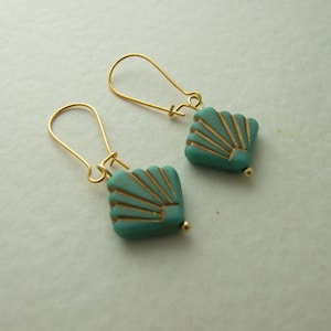 Pale Green Art Deco Earrings . Green and gold vintage style earrings, geometric