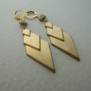 Art Deco Style Brass and Light Green Dangle Earrings.