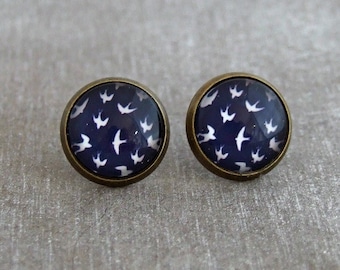 Blue and White Swallow Earrings ..  retro earrings, bird earrings