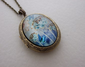 Blue Winged Butterflies Victorian Style Locket Artistic Art Nouveau Locket