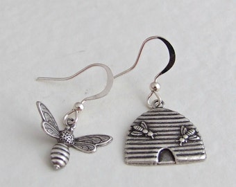 Bee and Hive Earrings .. silver earrings, mismatched earrings, honey bee