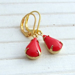 Red Teardrop Earrings .. berry red, red dangle earrings, red gold earrings, vintage glass earrings image 1