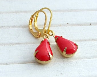 Vintage Red Teardrop Earrings, Gold Plated Brass Setting