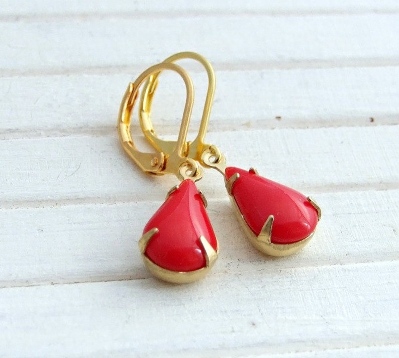 Red Teardrop Earrings .. berry red, red dangle earrings, red gold earrings, vintage glass earrings image 1