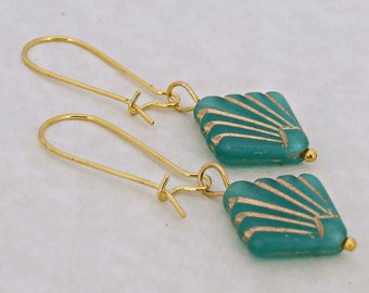 Green Art Deco Earrings .. green and gold vintage style earrings, geometric