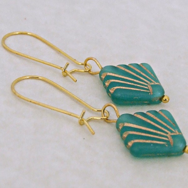 Green Art Deco Earrings .. green and gold vintage style earrings, geometric