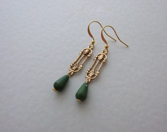 Art Deco Earrings .. deco earrings, vintage style earrings, green glass earrings, long earrings