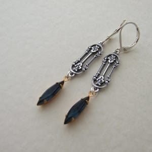 Silver and Blue Art Deco Earrings .. deco style earrings, silver earrings, blue glass silver earrings, deco earrings.