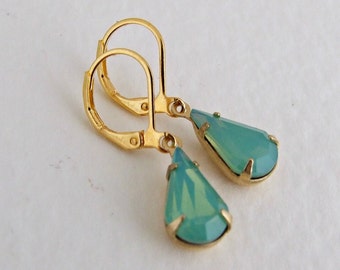 Green Opal Earrings ... teardrop earrings, green glass earrings