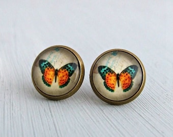 Orange Butterfly Earrings .. butterfly studs, butterfly jewellery, insect, colourful earrings