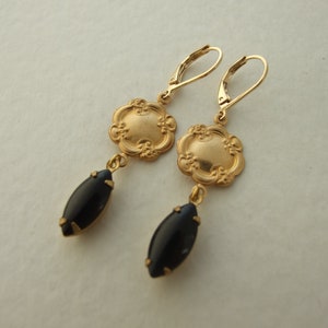 Black and Gold Earrings ..  dangle vintage style glass and brass earrings