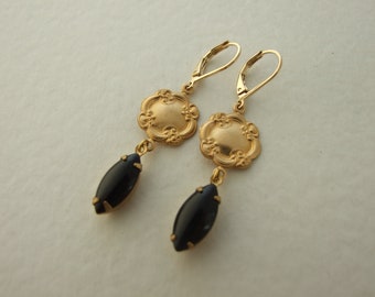 Black and Gold Earrings ..  dangle vintage style glass and brass earrings