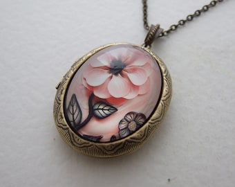 Pink Flower Victorian Style Large Locket Artistic Art Nouveau Locket