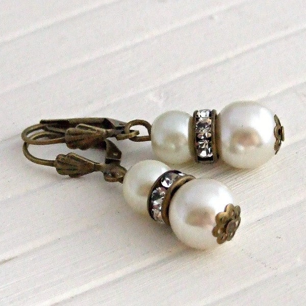 Ivory Pearl and Rhinestone Earrings .. rhinestone, art deco, pearl earrings, bridal jewellery, wedding