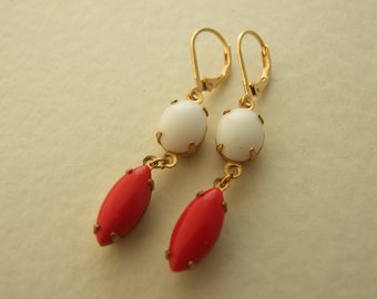 Red and White Earrings ..  dangle vintage glass earrings